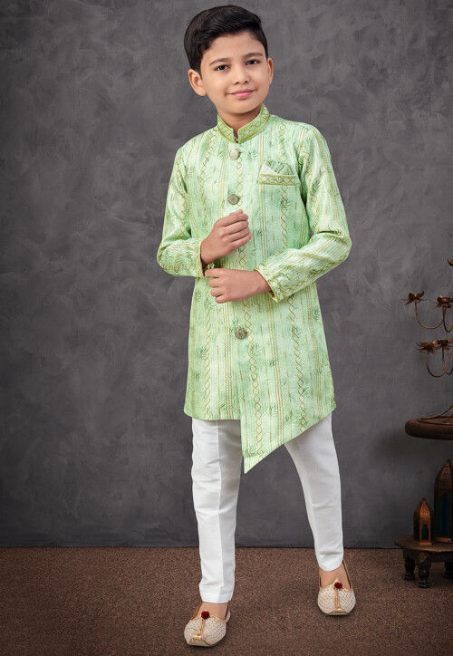 Digital Printed Art Silk Sherwani in Green