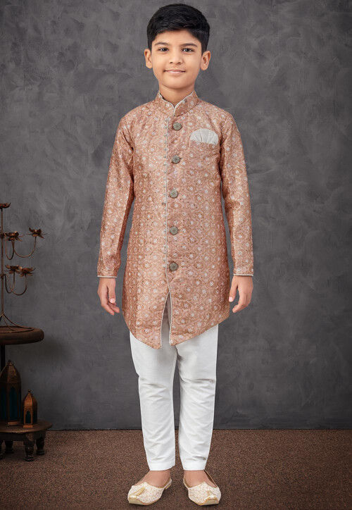 Digital Printed Art Silk Sherwani in Light Brown