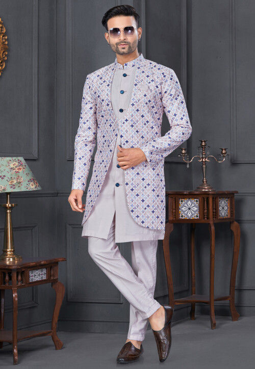 Digital Printed Art Silk Sherwani in Light Purple