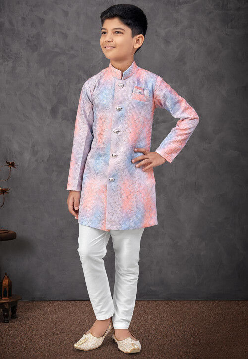 Digital Printed Art Silk Sherwani in Multicolor