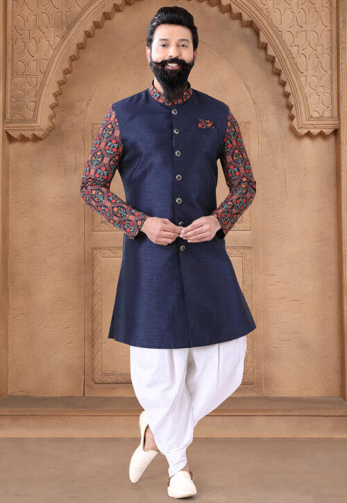 Digital Printed Art Silk Sherwani in Navy Blue