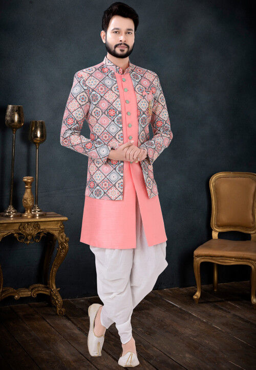 Digital Printed Art Silk Sherwani in Pink and Multicolor