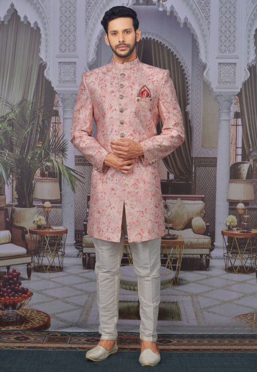 Digital Printed Art Silk Sherwani in Pink