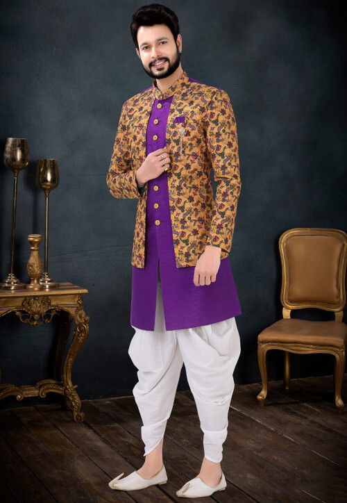 Digital Printed Art Silk Sherwani in Purple and Yellow