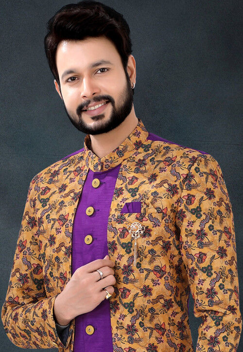 Digital Printed Art Silk Sherwani in Purple and Yellow