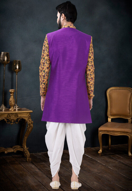 Digital Printed Art Silk Sherwani in Purple and Yellow