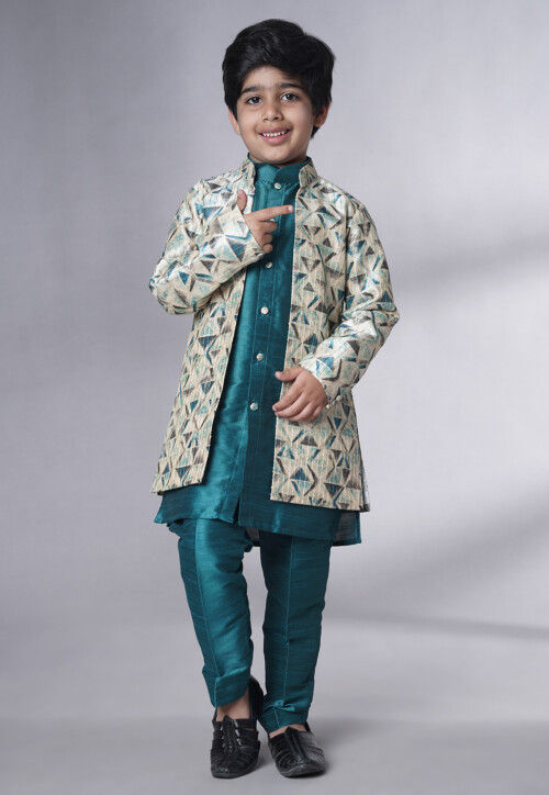 Digital Printed Art Silk Sherwani Set in Teal Blue