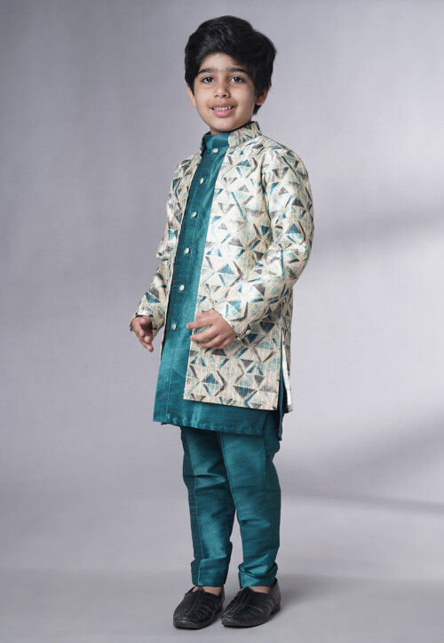 Digital Printed Art Silk Sherwani Set in Teal Blue