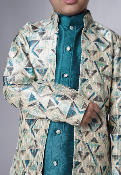 Digital Printed Art Silk Sherwani Set in Teal Blue