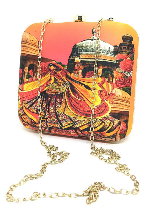 Digital Printed Art Silk Square Clutch Bag in Multicolor