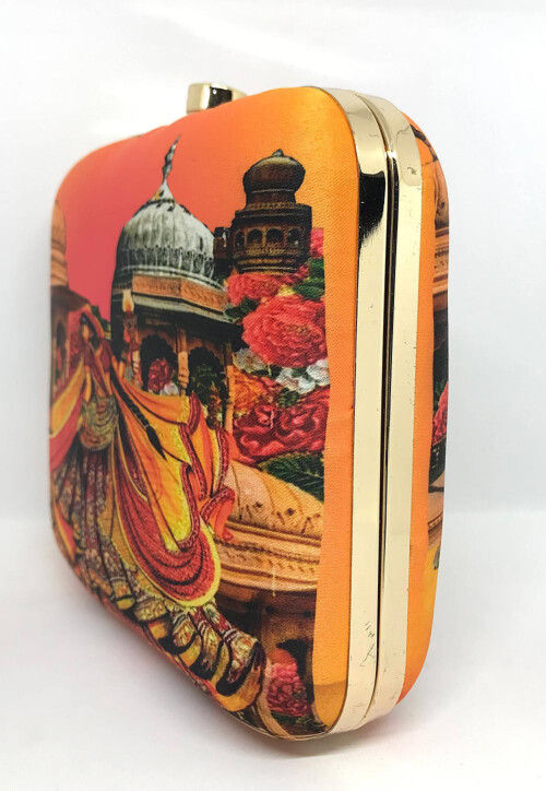 Digital Printed Art Silk Square Clutch Bag in Multicolor