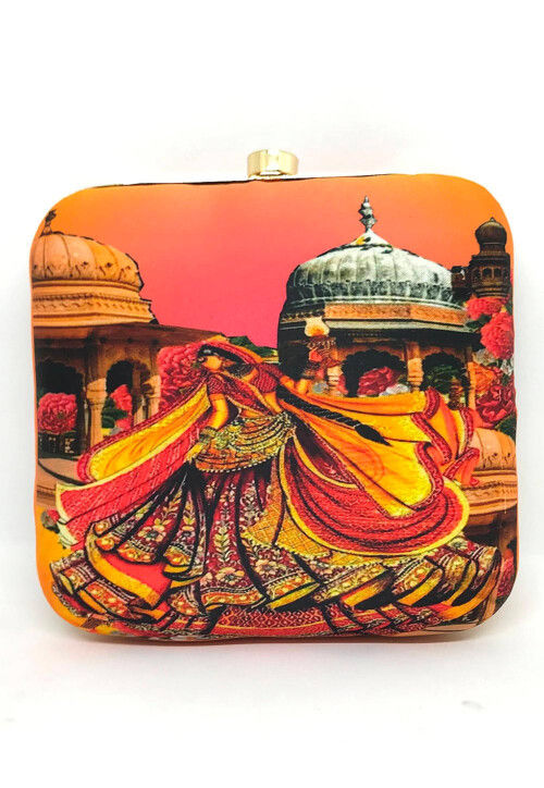 Digital Printed Art Silk Square Clutch Bag in Multicolor