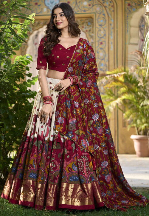 Digital Printed Art Tussar Silk Lehenga in Off White and Maroon