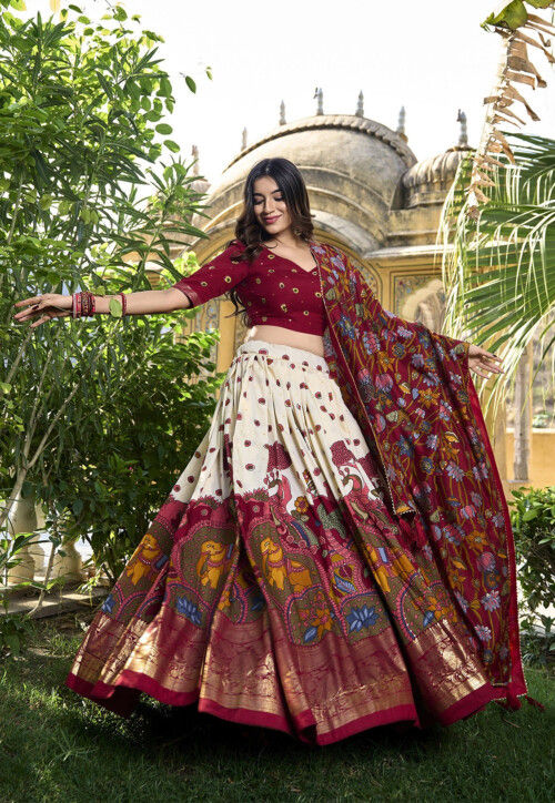 Digital Printed Art Tussar Silk Lehenga in Off White and Maroon
