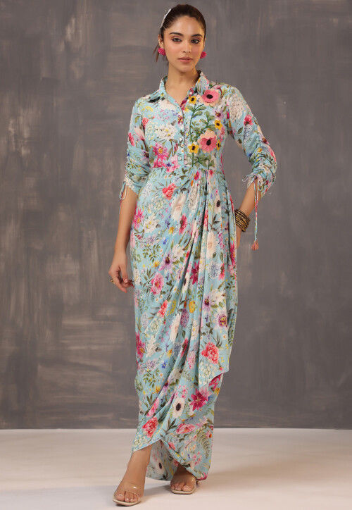 Digital Printed Bamberg Viscose Crepe Draped Dress in Sky Blue