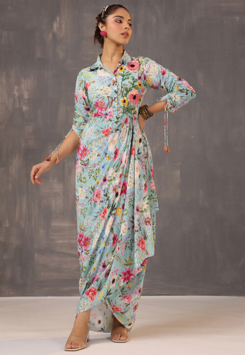 Digital Printed Bamberg Viscose Crepe Draped Dress in Sky Blue