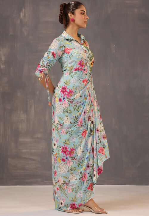 Digital Printed Bamberg Viscose Crepe Draped Dress in Sky Blue