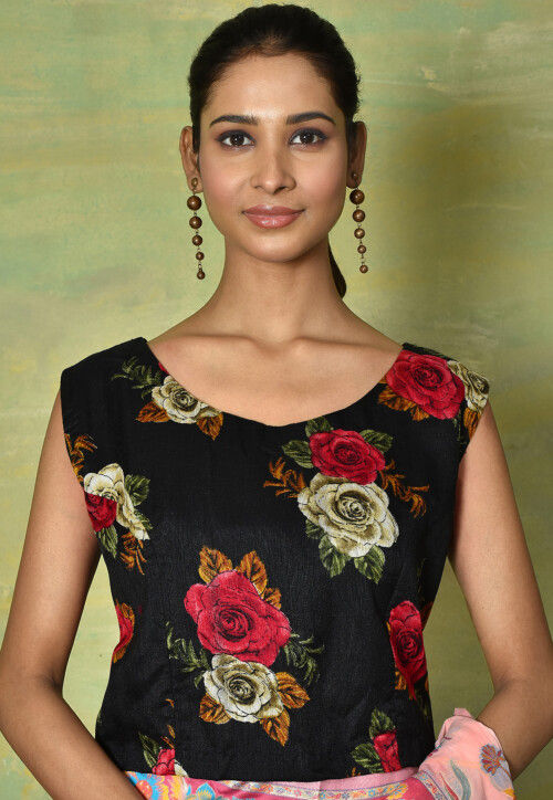 Women's Bhagalpuri Silk Black Printed Designer Saree With Blouse Piece