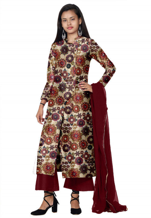 Beige Bhagalpuri Silk Punjabi Suit -