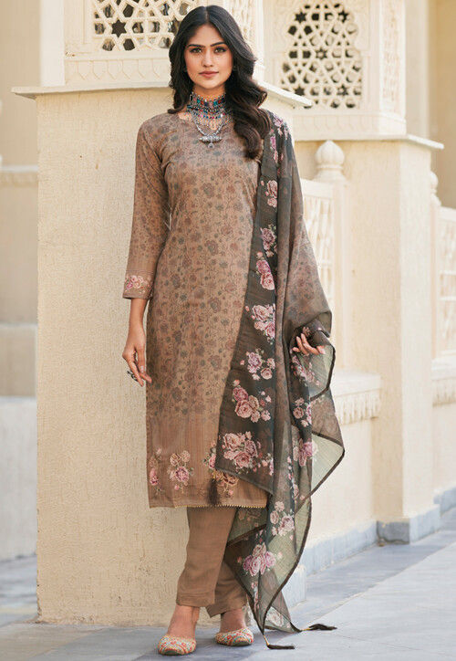 Digital Printed Cambric Cotton Pakistani Suit in Brown