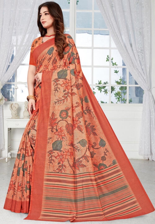 Bengal Striped Anchal & Overall Check Pattern Orange Cotton Saree