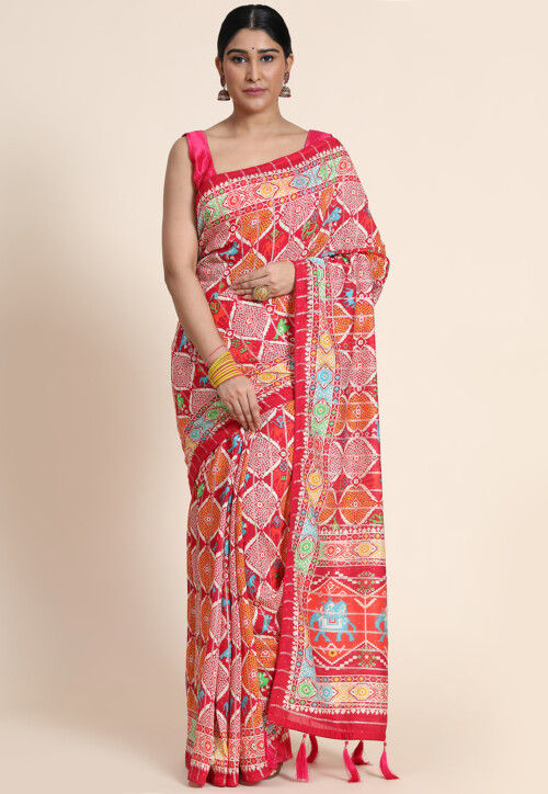 Digital Printed Chanderi Cotton Saree in Red