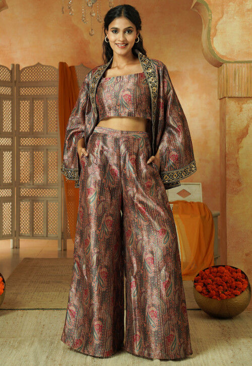 Digital Printed Chanderi Silk Co Ord Set in Brown