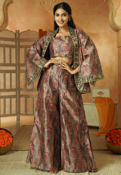 Digital Printed Chanderi Silk Co Ord Set in Brown