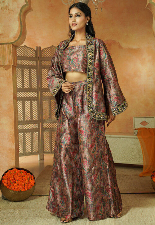 Digital Printed Chanderi Silk Co Ord Set in Brown