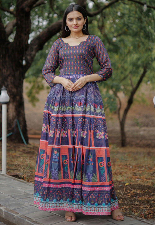 Digital Printed Chanderi Silk Gown in Blue