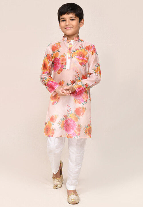 Digital Printed Chanderi Silk Kurta Set in Peach
