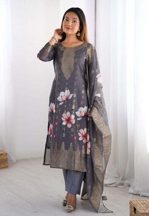 Digital Printed Chanderi Silk Pakistani Suit in Grey