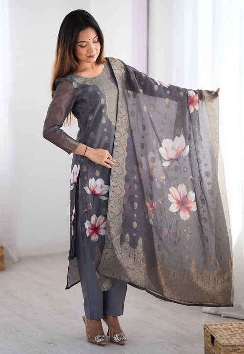 Digital Printed Chanderi Silk Pakistani Suit in Grey