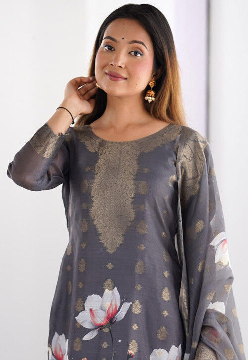 Digital Printed Chanderi Silk Pakistani Suit in Grey