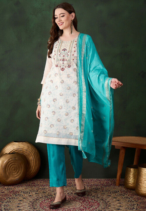 Digital Printed Chanderi Silk Pakistani Suit in Off White
