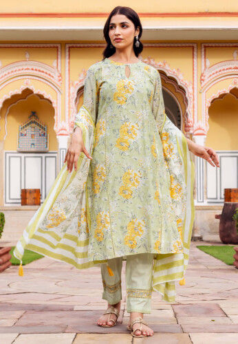 Digital Printed Chanderi Silk Pakistani Suit in Pastel Green