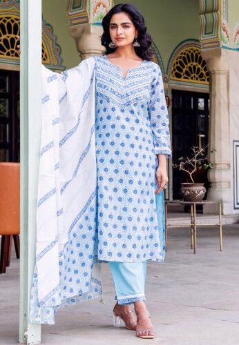 Digital Printed Chanderi Silk Pakistani Suit in Sky Blue