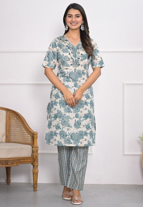 Digital Printed Chanderi Silk Straight Kurta Set in Off White