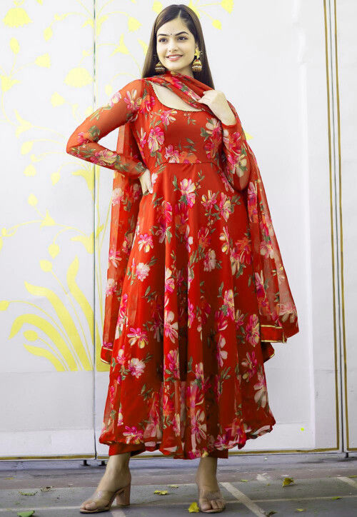 Digital Printed Chiffon A Line Suit in Red