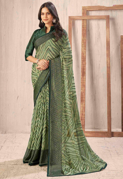 Digital Printed Chiffon Brasso Saree in Light Green