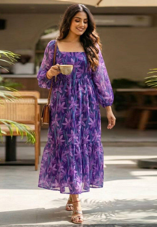 Digital Printed Chiffon Midi Dress in Purple