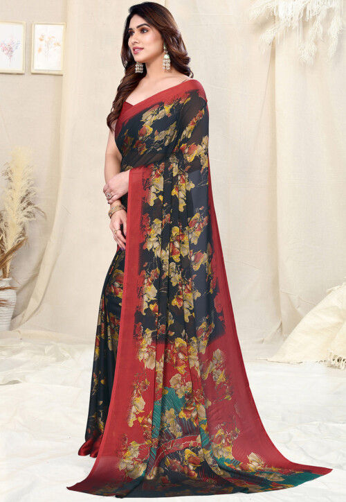 Digital Printed Chiffon Saree in Black
