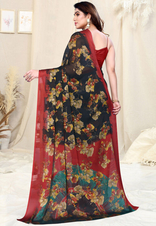 Digital Printed Chiffon Saree in Black