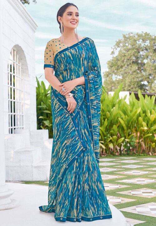 Digital Printed Chiffon Saree in Blue