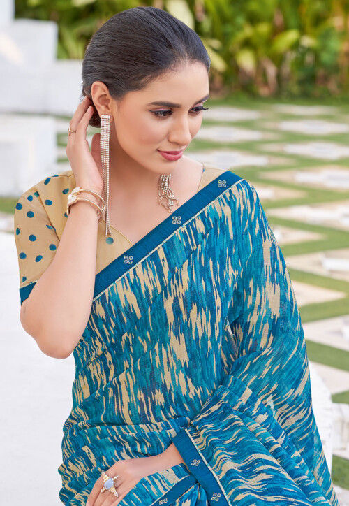 Digital Printed Chiffon Saree in Blue