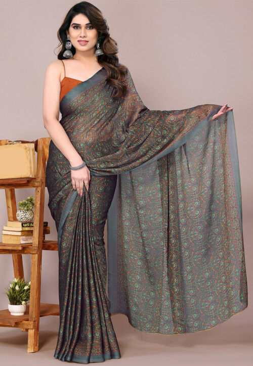 Digital Printed Chiffon Saree in Dark Grey