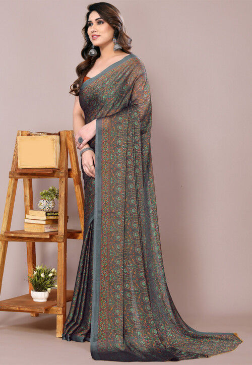 Digital Printed Chiffon Saree in Dark Grey