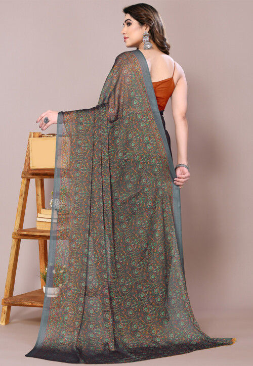 Digital Printed Chiffon Saree in Dark Grey