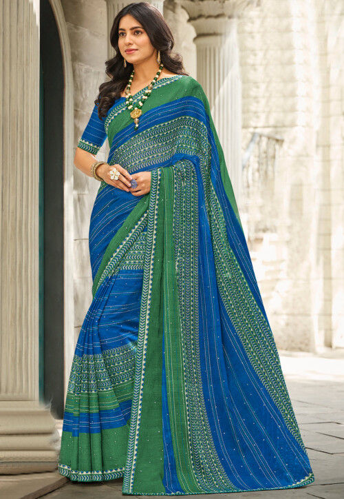 WoodenTant Women's cotton silk handloom saree in blue with green velvet  border with blouse blouse piece.