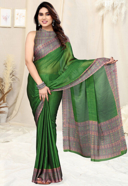 Digital Printed Chiffon Saree in Green